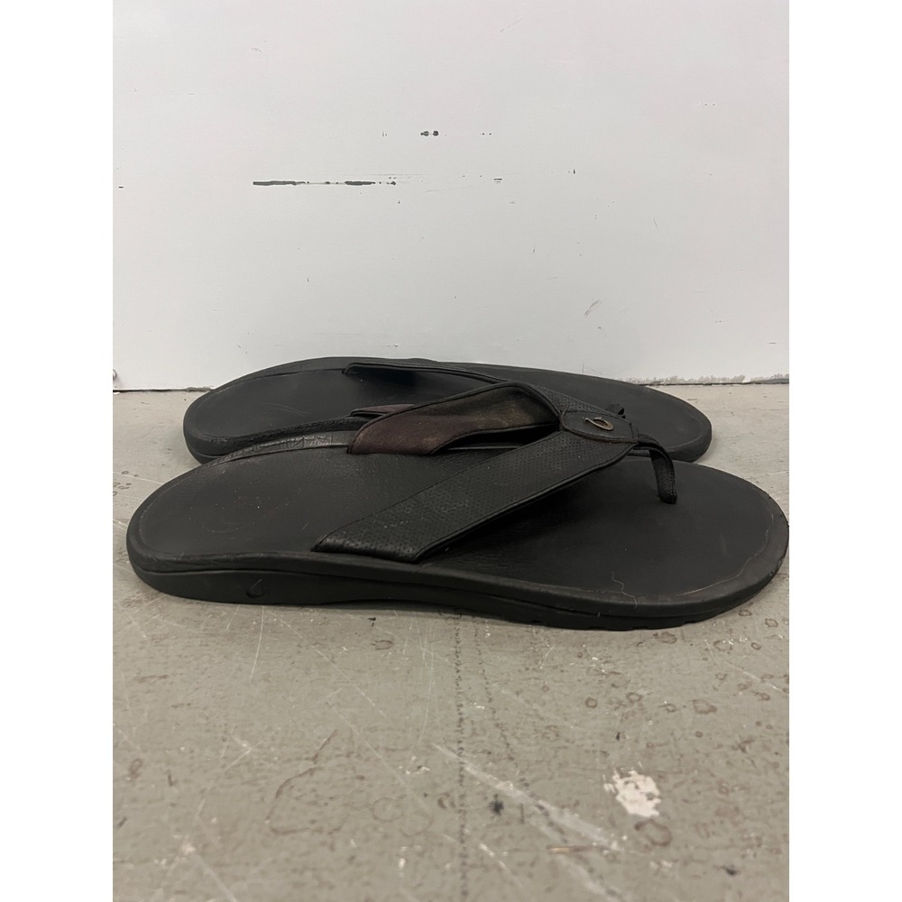 OluKai Kupuna 10293-4040 Sandals Mens US 17‎ Black Leather Toe Post Flip Flop